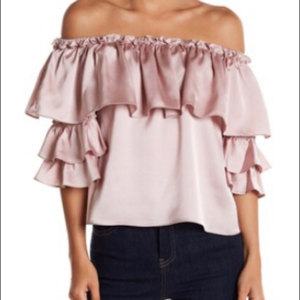 BLVD,  off shoulder, silky soft top, ruffles, size Large